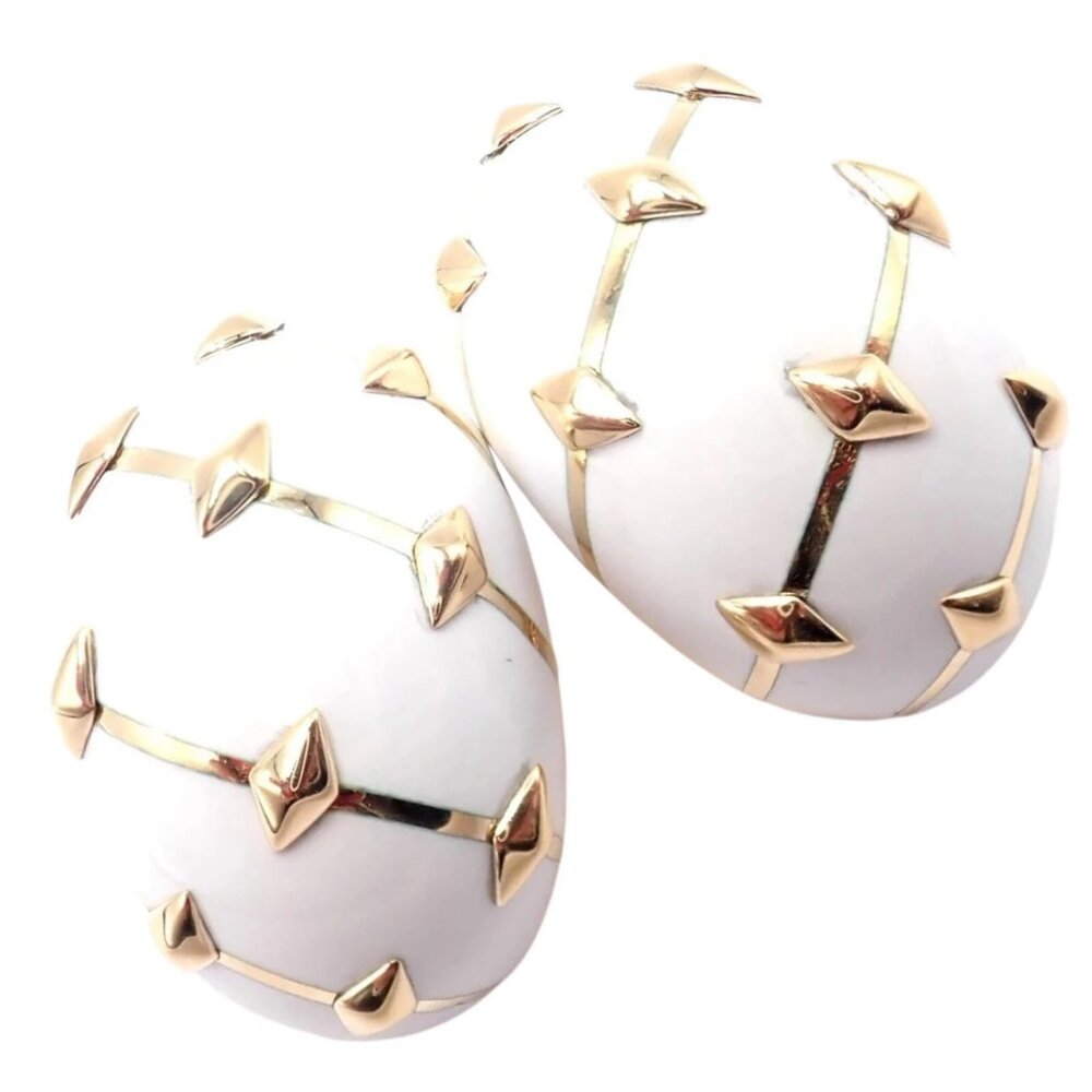 Tiffany & Co Schlumberger Dot Losange 18k Yellow Gold White Enamel Hoop Earrings